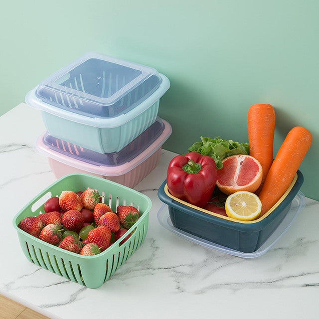 Grand Sale Offer Buy 1 Get 2 Free 2 In 1 Fruit / Vegetables Storage & Drain Basket With Lid Cover