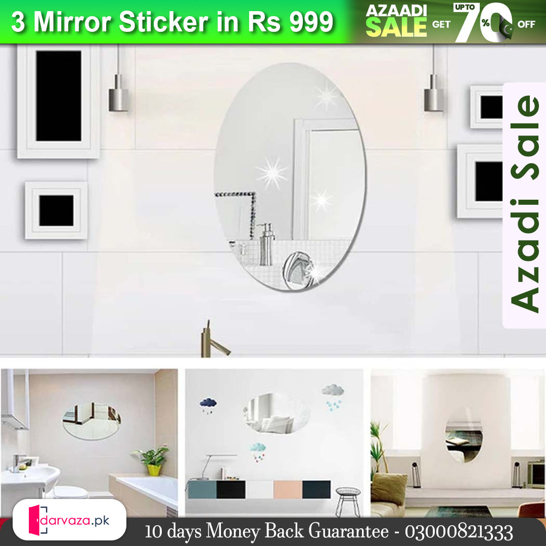 3 Pcs FlexibleSelf Adhesive Oval Shape Mirror Sticker (3 Pcs)