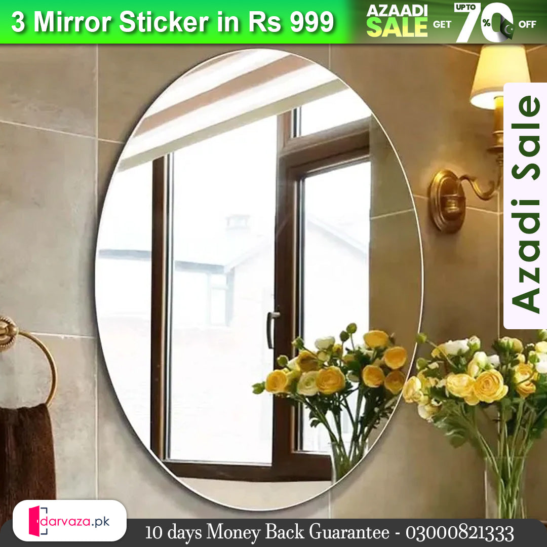 3 Pcs FlexibleSelf Adhesive Oval Shape Mirror Sticker (3 Pcs)