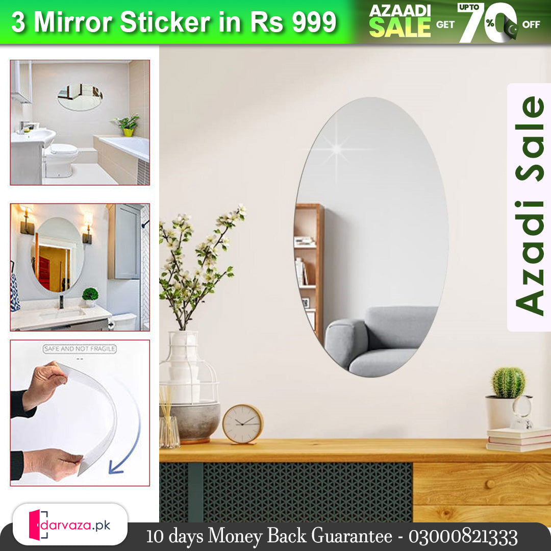 3 Pcs FlexibleSelf Adhesive Oval Shape Mirror Sticker (3 Pcs)
