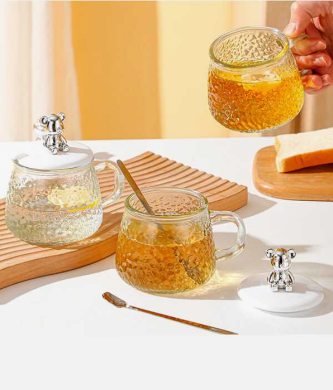 Cute and Creative Heat Resistant Bear Glass Tea Cup Coffee Milk Drinking Set with Lid and Straw