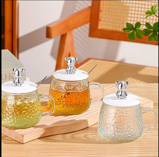 Cute and Creative Heat Resistant Bear Glass Tea Cup Coffee Milk Drinking Set with Lid and Straw