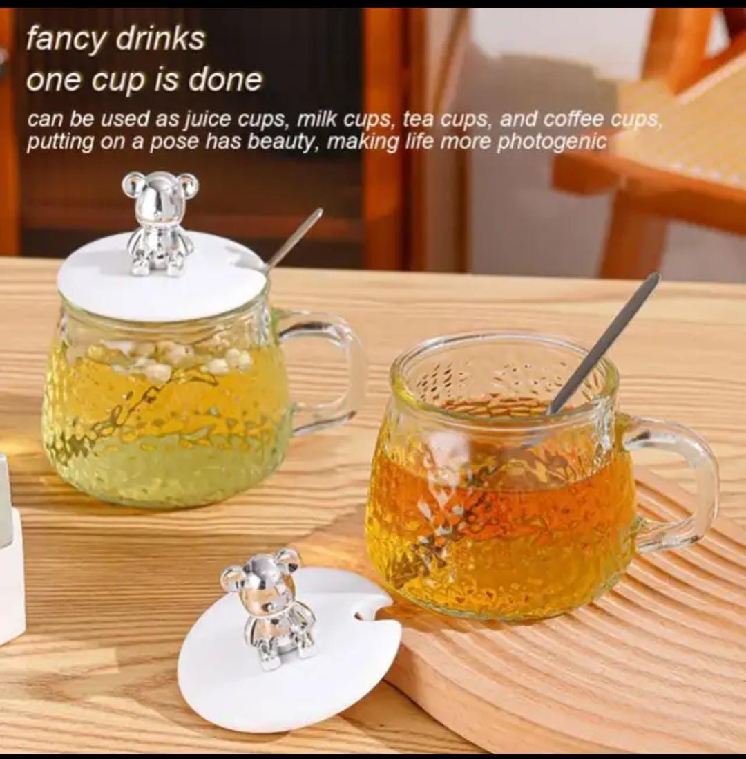 Cute and Creative Heat Resistant Bear Glass Tea Cup Coffee Milk Drinking Set with Lid and Straw