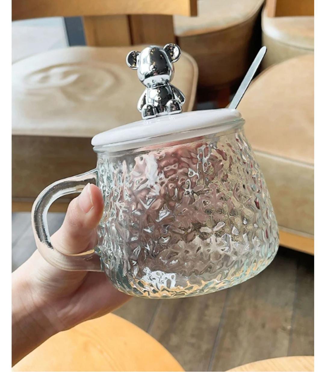 Cute and Creative Heat Resistant Bear Glass Tea Cup Coffee Milk Drinking Set with Lid and Straw