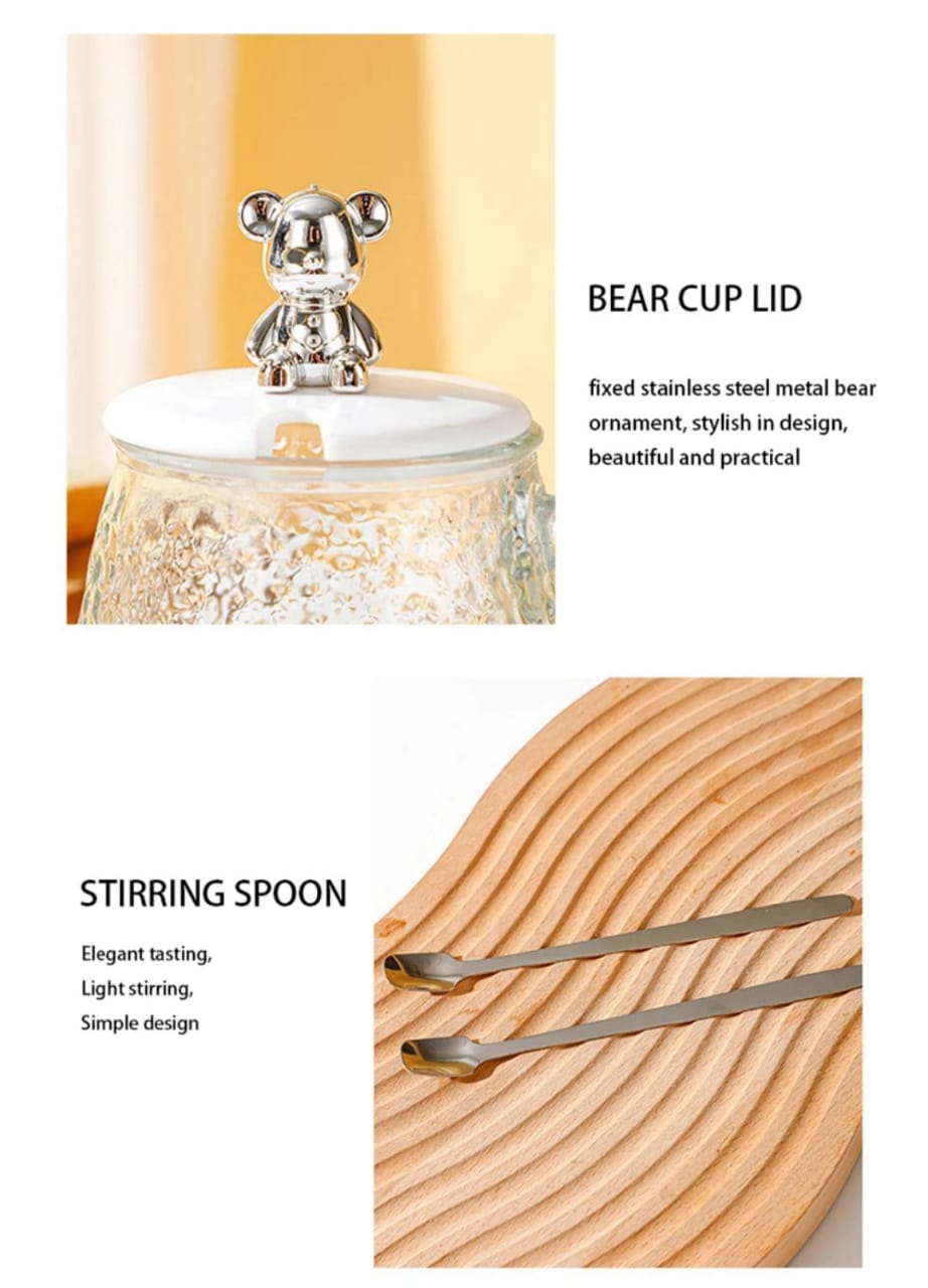 Cute and Creative Heat Resistant Bear Glass Tea Cup Coffee Milk Drinking Set with Lid and Straw