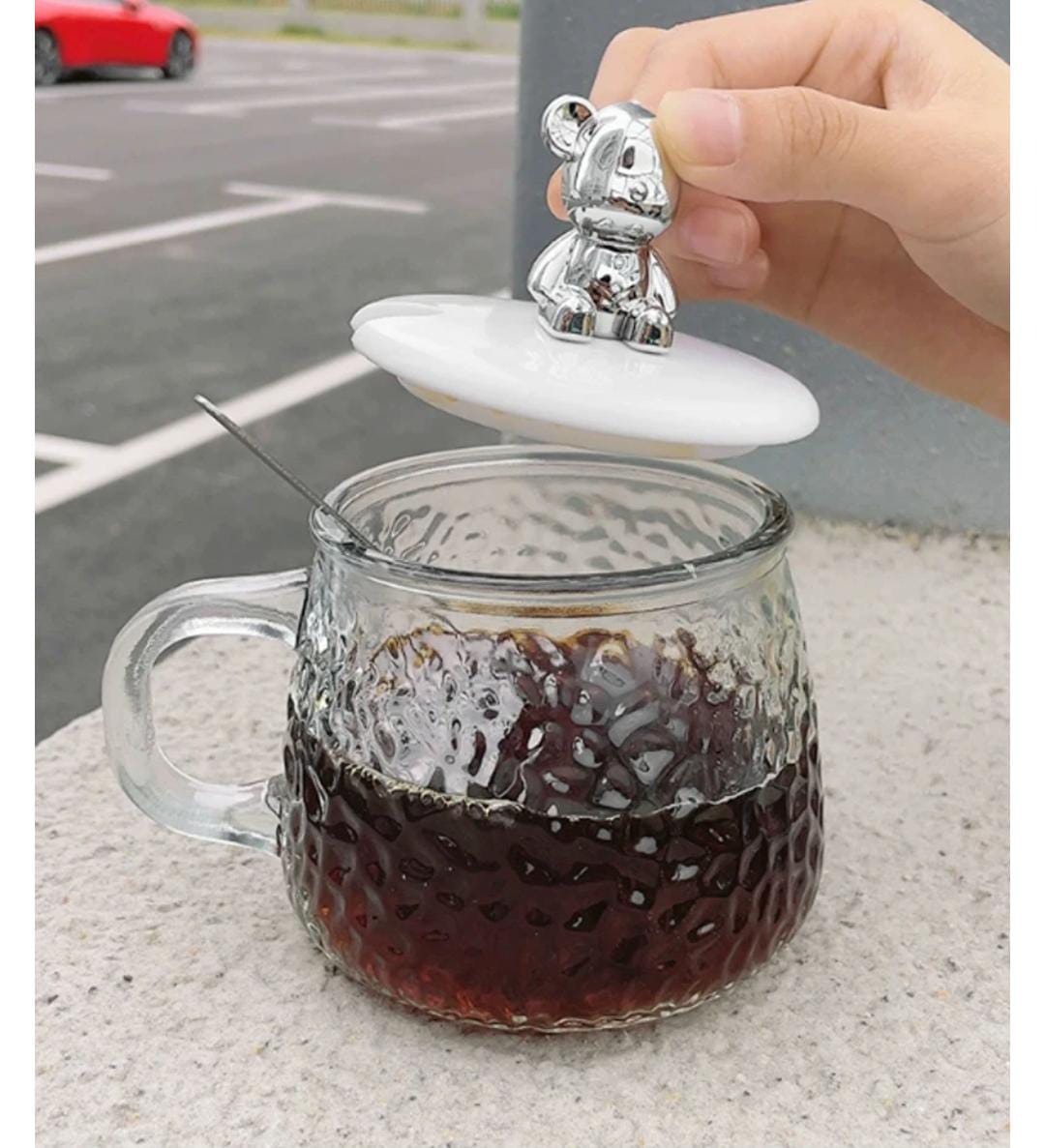 Cute and Creative Heat Resistant Bear Glass Tea Cup Coffee Milk Drinking Set with Lid and Straw